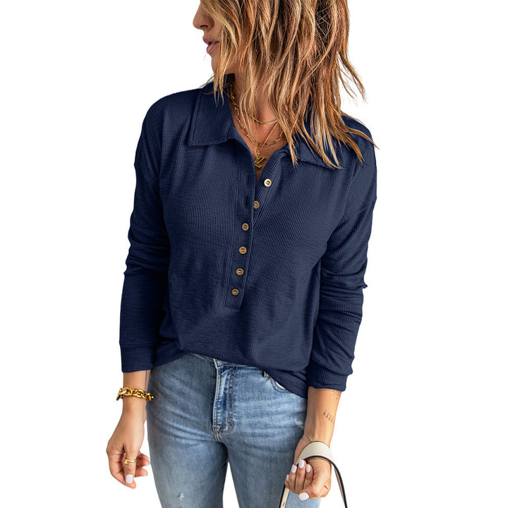 Damen Langarm-Waffelshirt mit Hemdkragen und Knopfleiste Drune