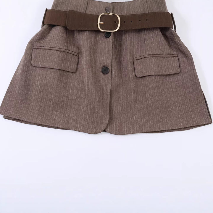 Damen Taillierter Einreihiger Blazer mit Gürtel und tonalem Nadelstreifen Drune