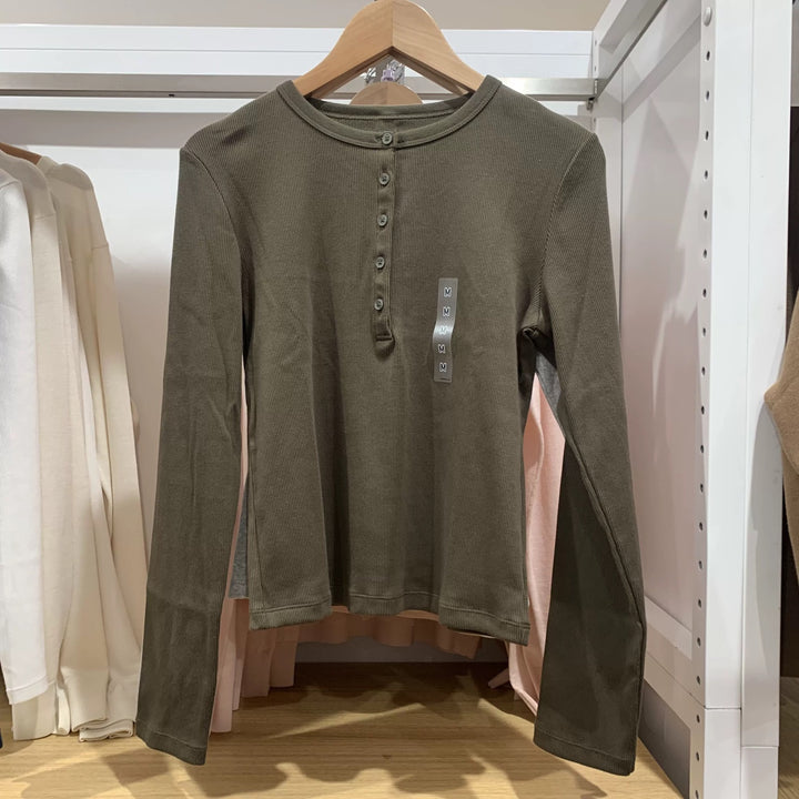 Damen Langarm-Henley-Shirt aus feiner Baumwollmischung Drune