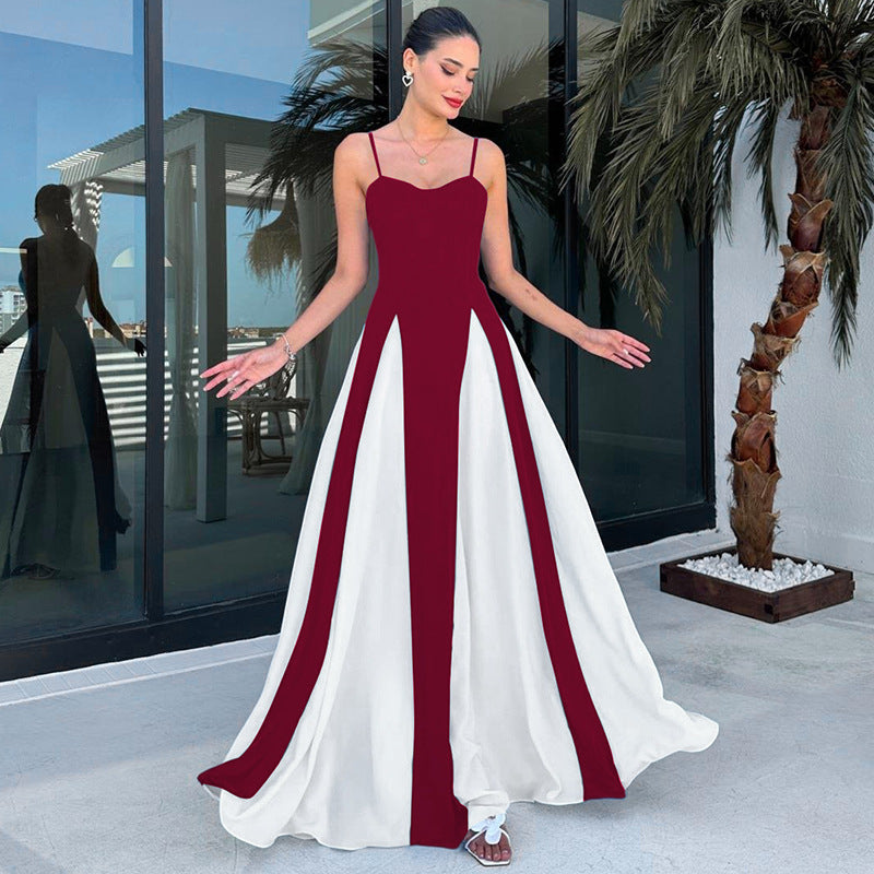 Damen Elegantes Maxikleid mit diagonalen Farbakzenten und schmalen Spaghettiträgern Drune