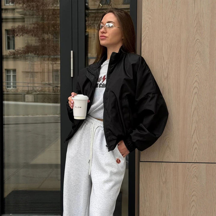 Damen Oversize Cropped Bomberjacke mit Stehkragen und Reißverschluss Drune