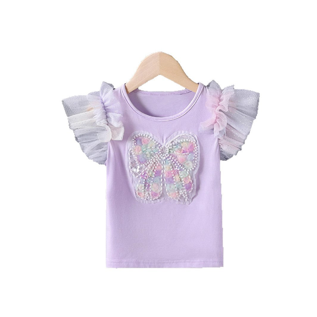 Mädchen T-Shirt mit funkelndem Schmetterlingsmotiv und Rüschendetails Drune