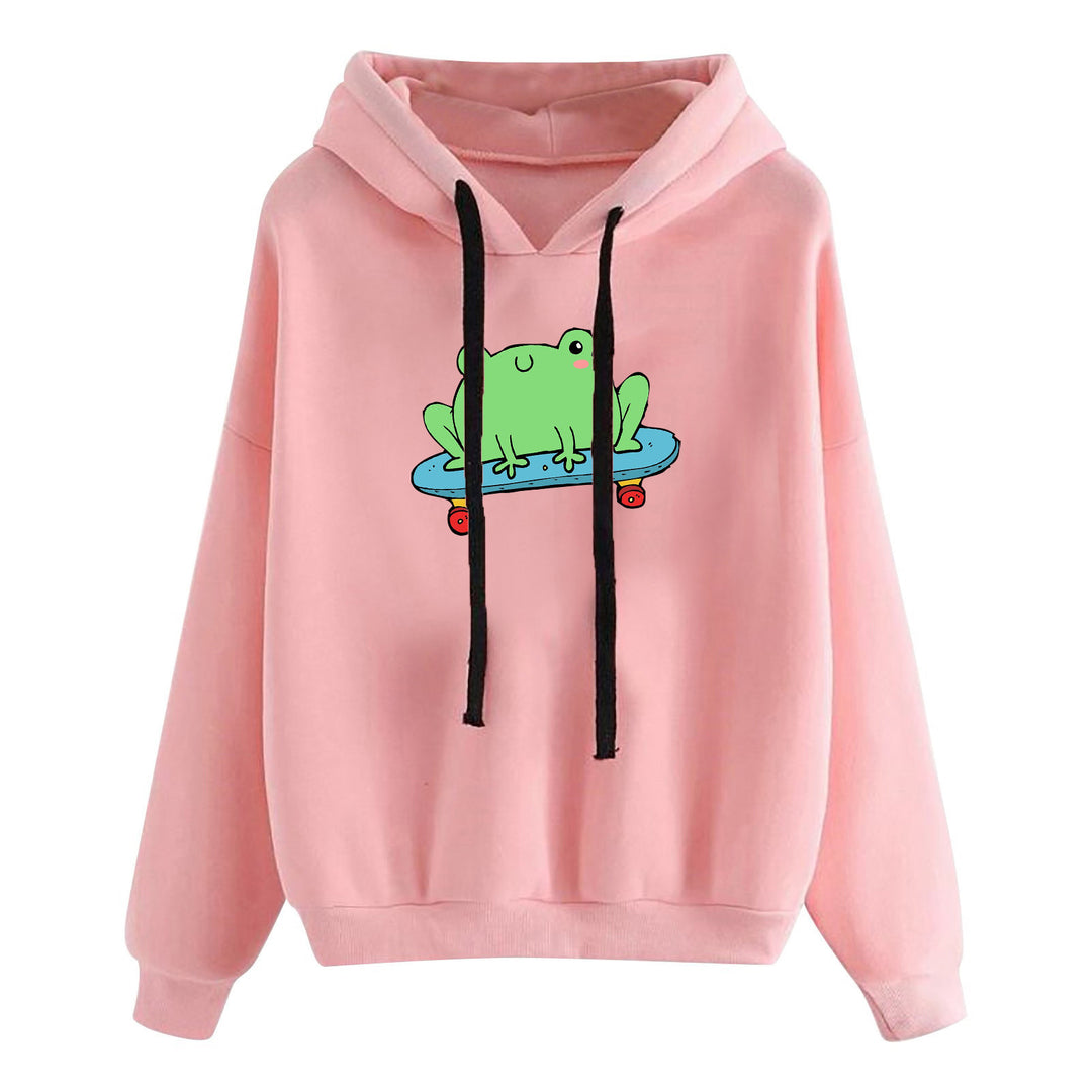 Damen nan kurz geschnittener Cropped-Kapuzenpullover mit niedlicher Frosch-Illustration und verstellbarer Kapuze Drune