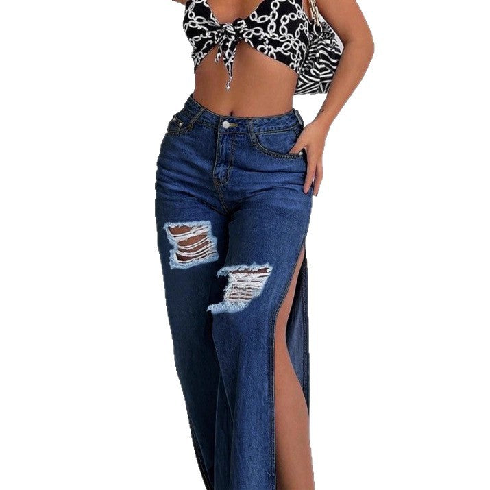 Damen Langer hochgeschnittener Denim-Maxirock mit seitlichem Oberschenkelschlitz und Used-Details Drune