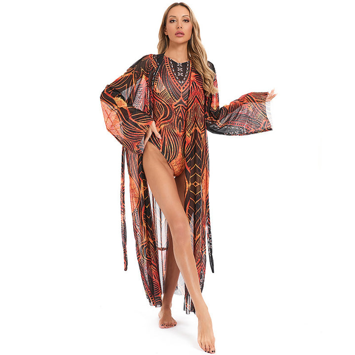 Damen eleganter transparenter Strandkimono mit floralem Design Drune