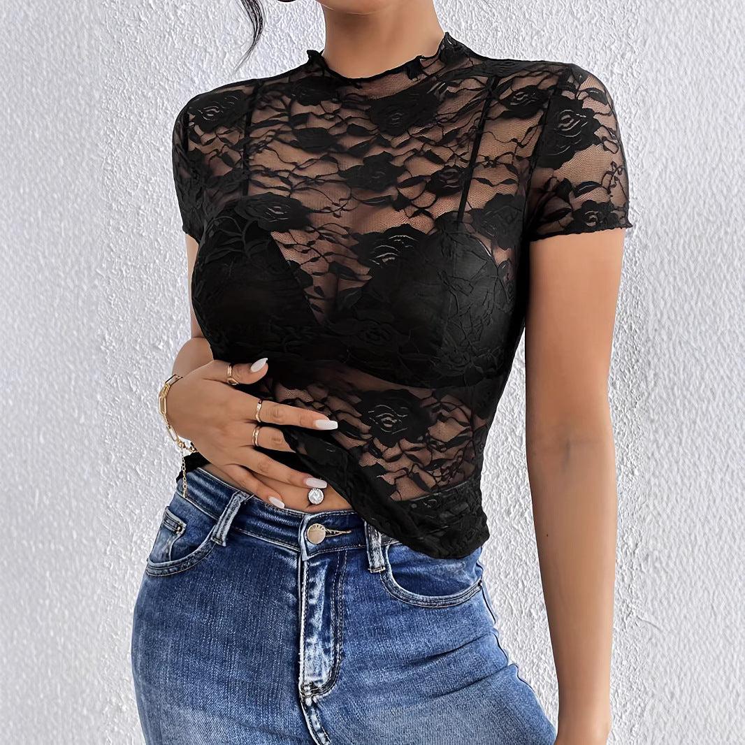 Damen nan kurzes Spitzenoberteil mit floraler Ajour-Spitze, Stehkragen und eingearbeitetem Bustier Drune
