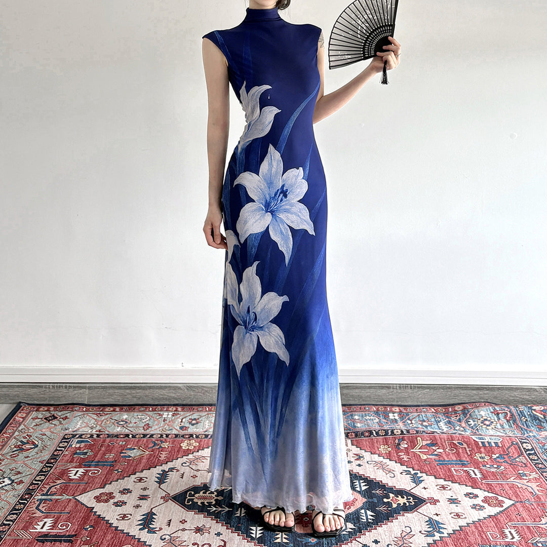 Damen Maxikleid mit floralem Design und elegantem Stehkragen Drune