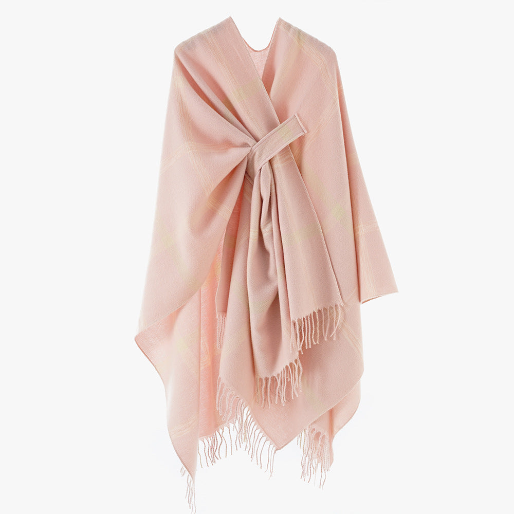 Damen Cape‑Poncho mit integriertem Bindegürtel, kastiger Oversize‑Silhouette und Fransensaum Drune