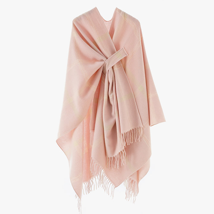 Damen Cape‑Poncho mit integriertem Bindegürtel, kastiger Oversize‑Silhouette und Fransensaum Drune