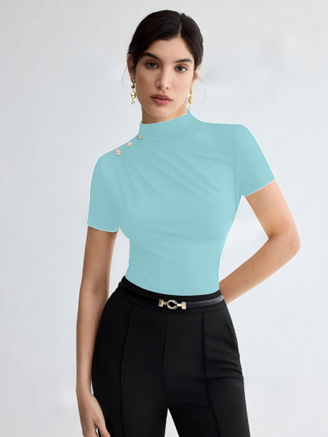 Damen elegantes Oberteil mit dekorativen Knopfdetails und modernem Stehkragen Drune