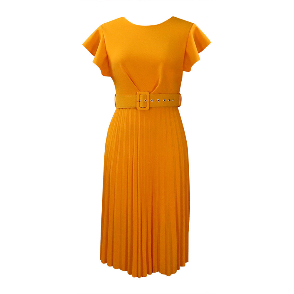 Damen Plissee Kleid mit gefaltetem Rock und Gürtel Drune