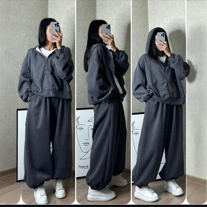 Damen nan übergroße Kapuzenjacke mit Reißverschluss und weite Jogginghose Lounge Set Drune