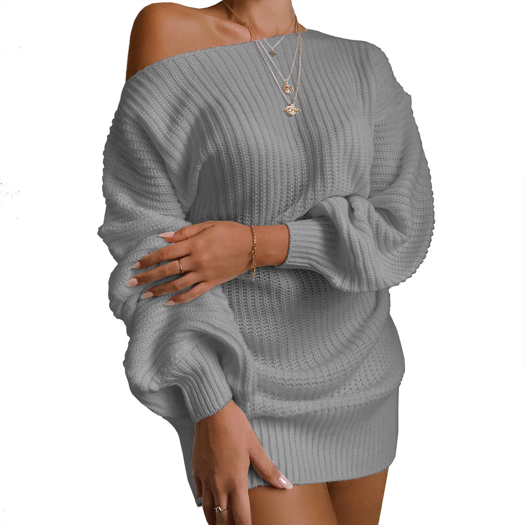 Damen lässiges Strickkleid mit schulterfreiem Design und voluminösen Ärmeln Drune