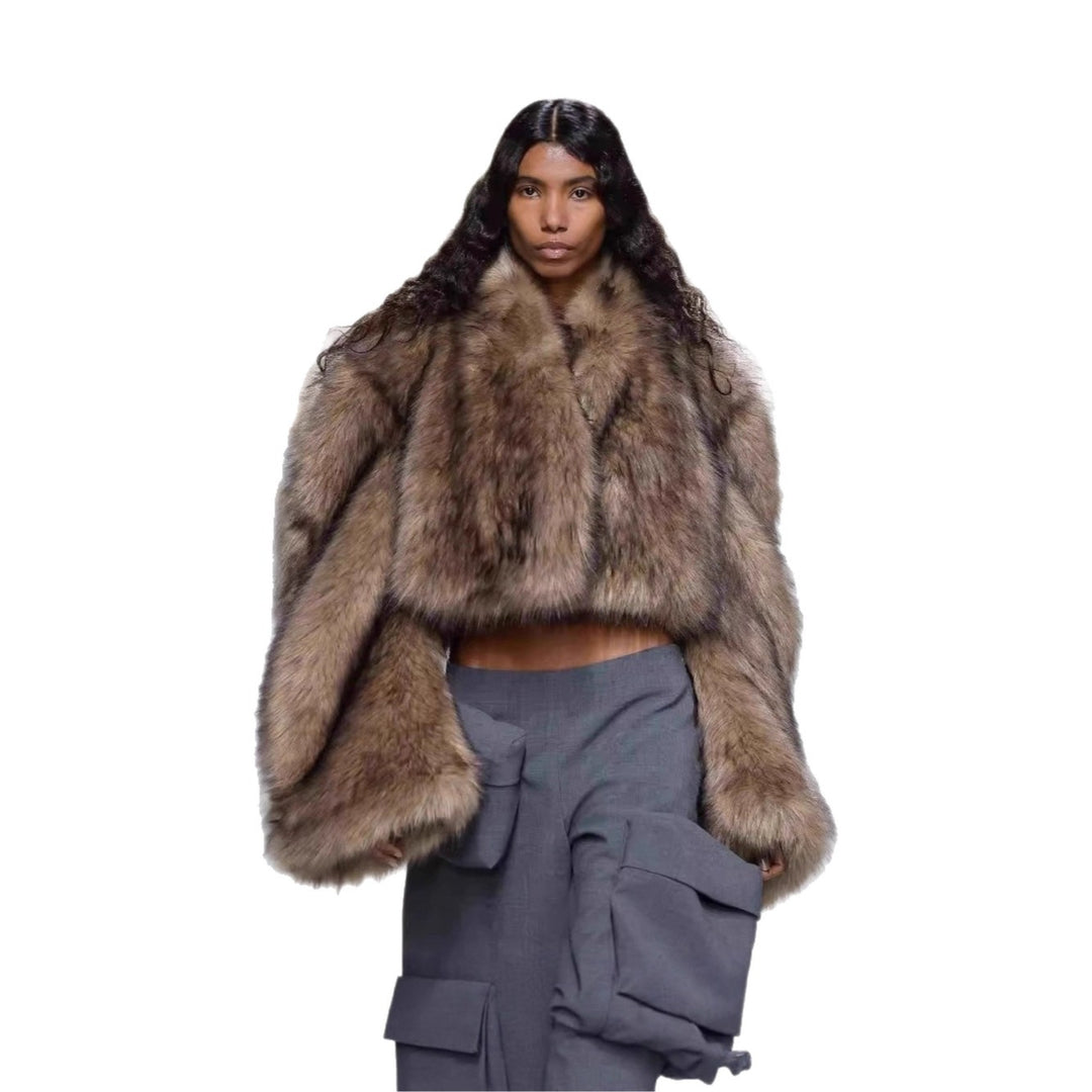 Damen Kurze voluminöse Crop-Faux-Fur-Jacke mit verlängerten Ärmeln Drune