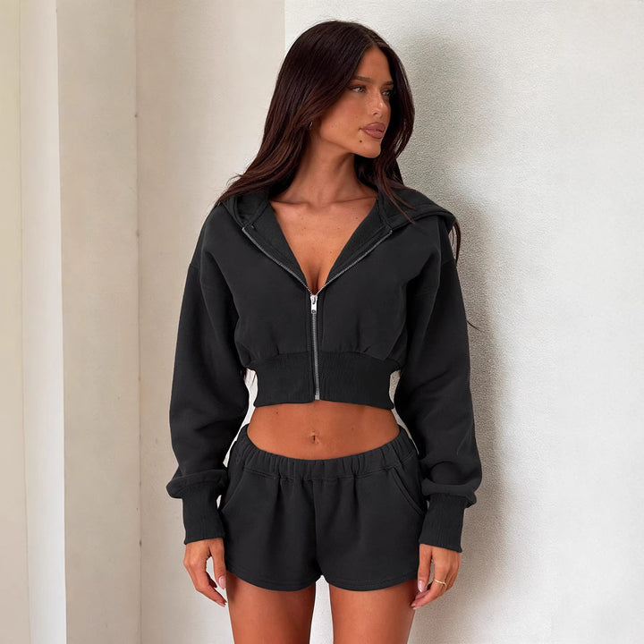 Damen Kurzes Kapuzen-Sweatset mit Reißverschluss, tailliertem Cropped-Hoodie und hochgeschnittenen Relax-Shorts Drune