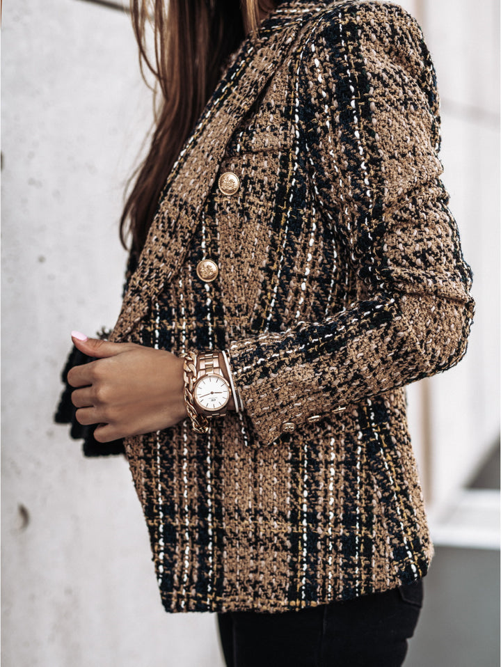 Damen Modischer Tweed-Blazer mit doppelter Knopfleiste und strukturiertem Gewebe Drune
