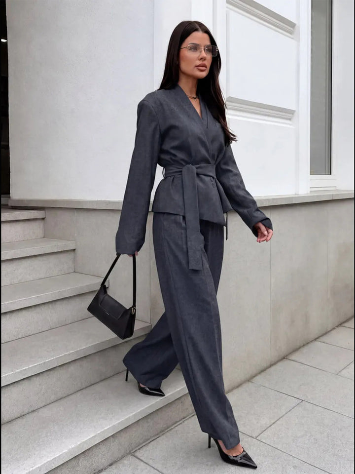 Damen Elegantes Wickelblazer-Set mit Taillengürtel und weiter Bundfaltenhose Drune