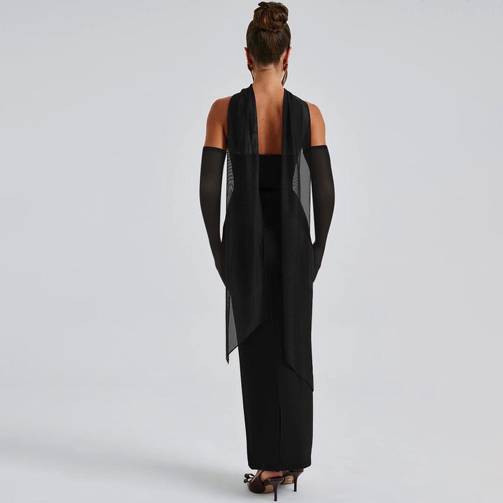 Damen figurbetontes Abendkleid mit Schulterband und langen Handschuhen Drune