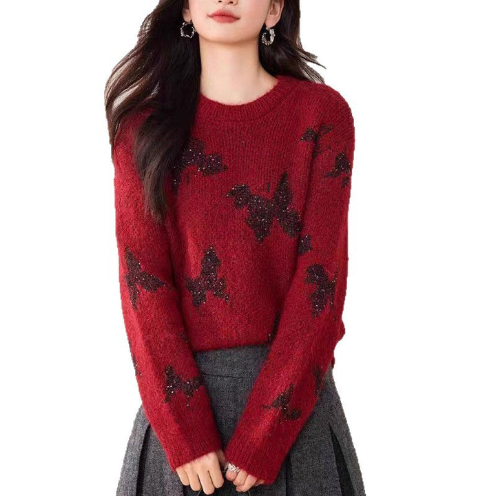 Damen stylischer Strickpullover mit glitzernden Schmetterlingsapplikationen Drune