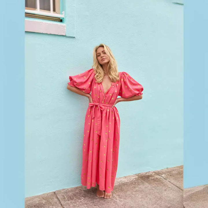 Damen Sommerkleid mit Puffärmeln und goldenen Details Drune