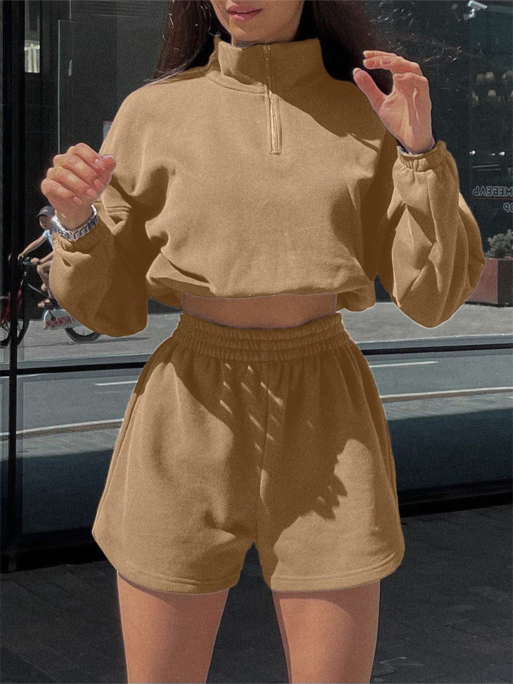 Damen Sportliches Cropped-Kapuzenoberteil mit kurzen Hosen Drune