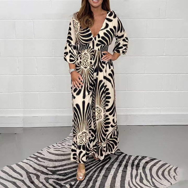 Damen Maxikleid mit V-Ausschnitt und Schößchen Drune