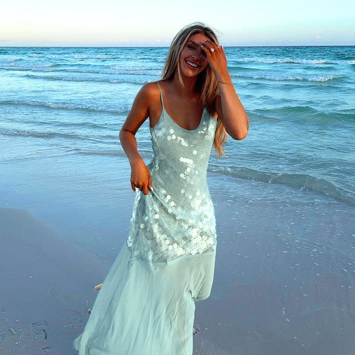 Damen Maxikleid mit glitzernden Pailletten und fließendem Rock Drune