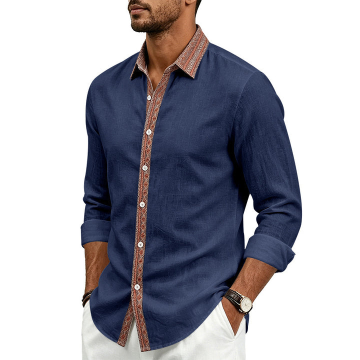 Herren Elegantes Leinenoptik-Hemd mit Ethno-Besatz an Kragen und Knopfleiste Drune