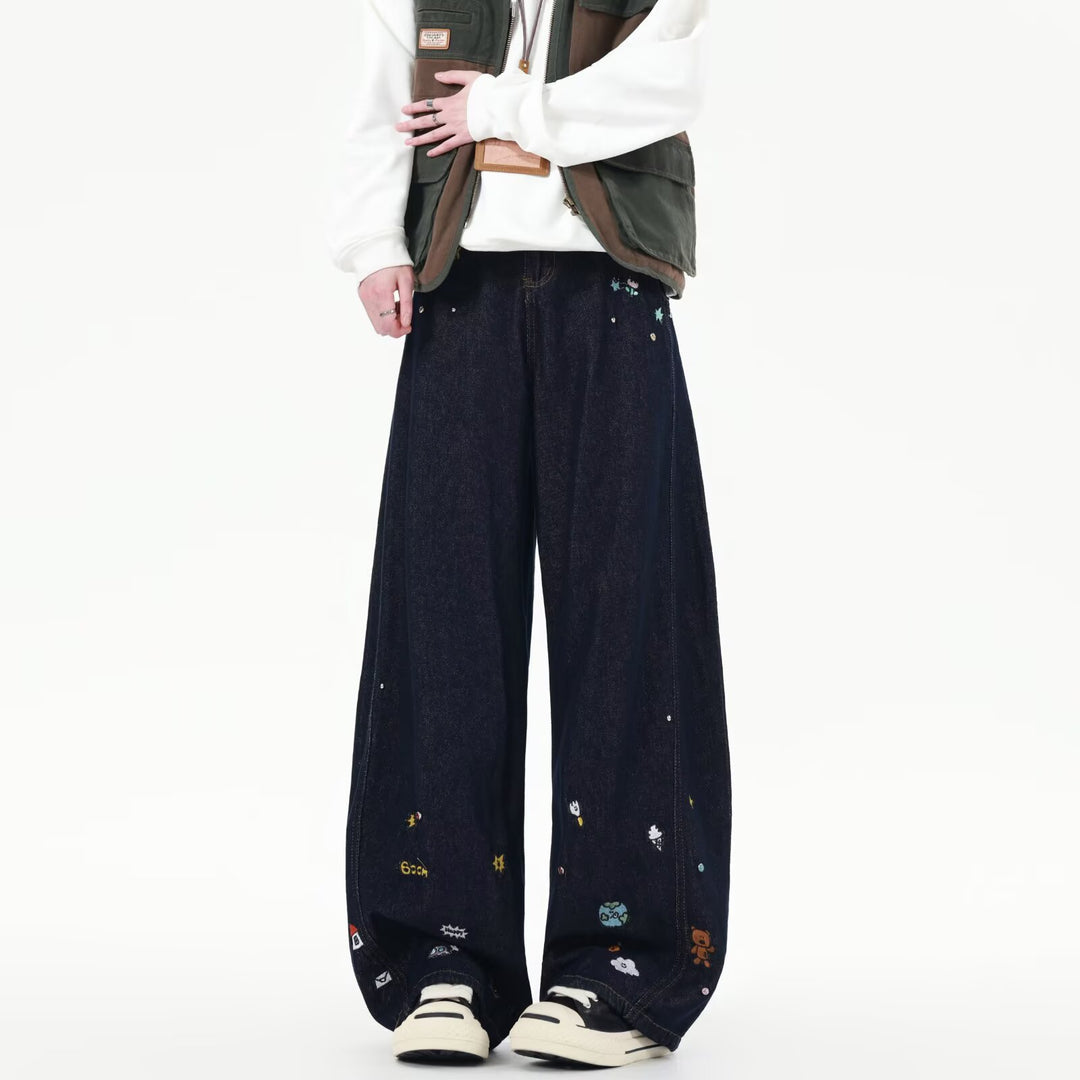 Herren Extraweite Baggy-Jeans mit verspielten Stickereien und weitem Bein Drune