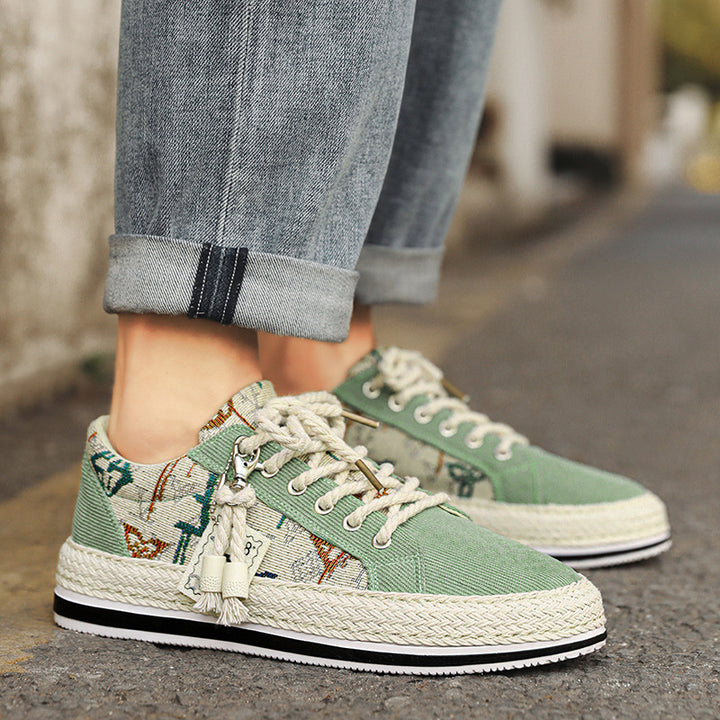 Damen Plateau-Espadrille-Sneaker mit besticktem Canvas, Quastenanhänger und geflochtener Bastsohle Drune