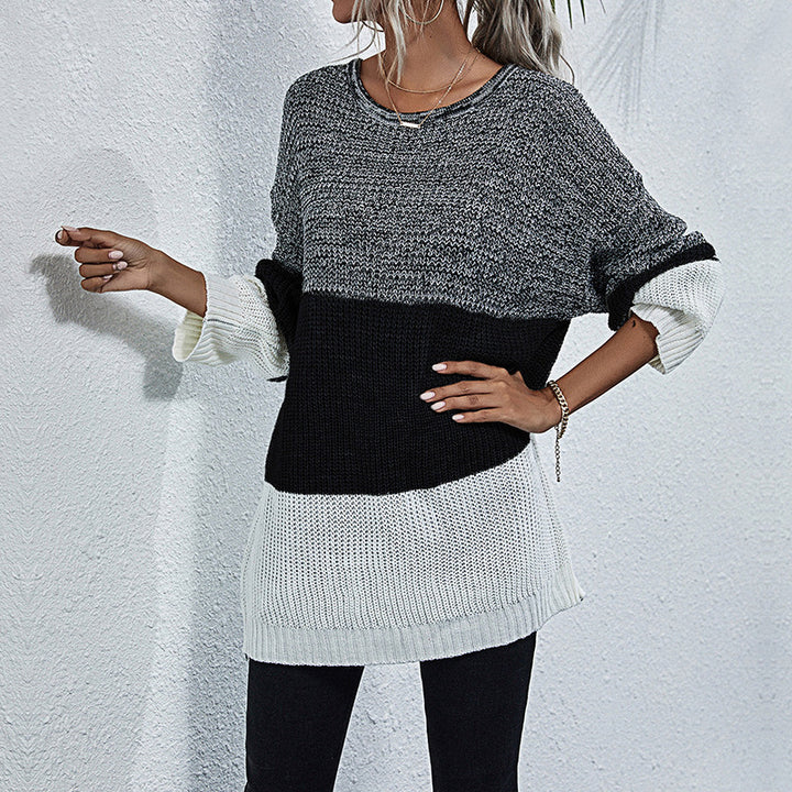 Damen Longline-Grobstrickpullover mit Farbbalken, Rundhalsausschnitt und leicht überschnittener Schulter Drune