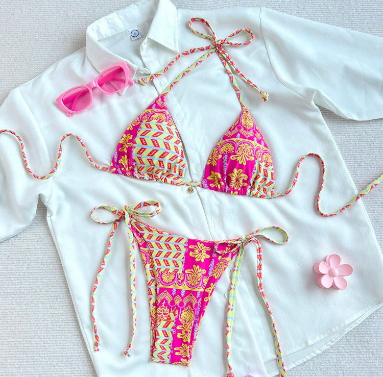 Damen Triangel-Bikini mit verspieltem Blumendesign und unterschiedlichen Bindungsträgern Drune