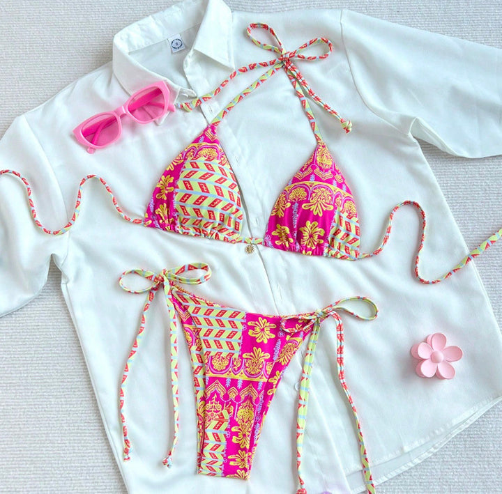 Damen Triangel-Bikini mit verspieltem Blumendesign und unterschiedlichen Bindungsträgern Drune