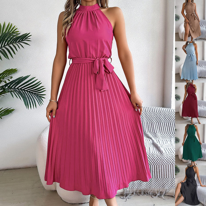Drune | Frühling Elegante Stehkragen Taille-betonte Falten Maxi Kleid