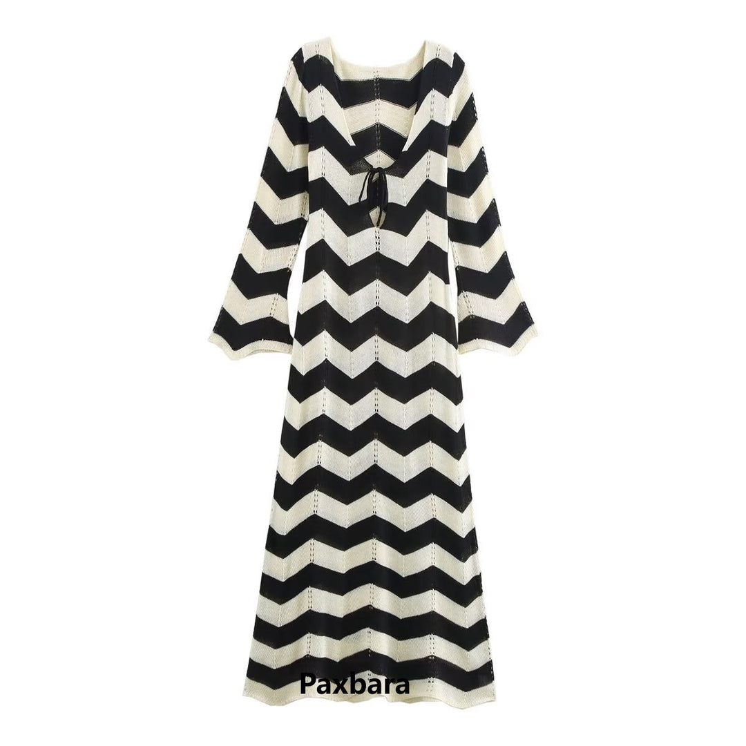 Damen Strick-Maxikleid mit Zickzack-Muster, V‑Rücken und Trompetenärmeln Drune