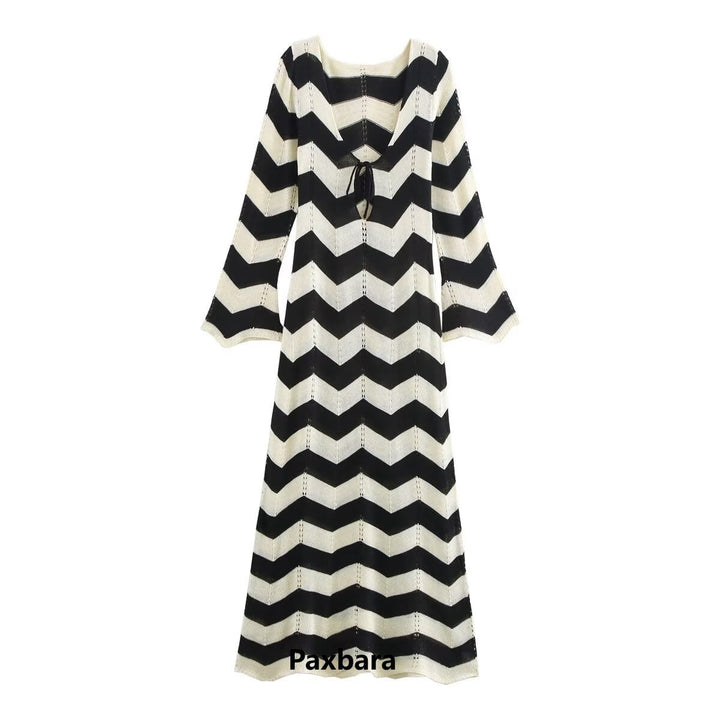 Damen Strick-Maxikleid mit Zickzack-Muster, V‑Rücken und Trompetenärmeln Drune