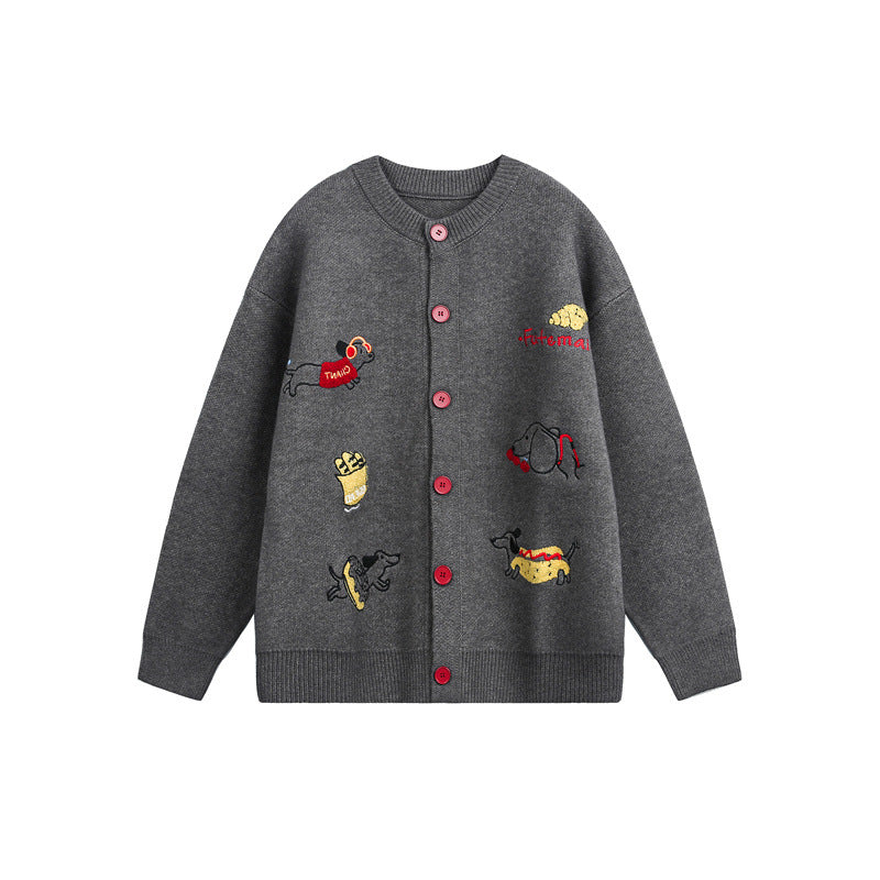 Damen Gestrickte Oversize-Cardigan mit verspielten Hunde-Stickereien Drune