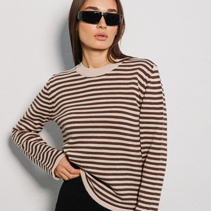 Damen gestreifter Strickpullover mit Rundhalsausschnitt und langem Arm Drune
