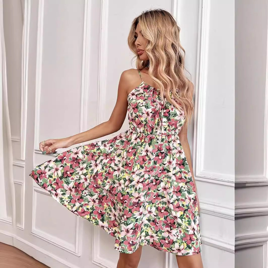 Damen Blumenkleid mit verstellbaren Spaghettiträgern und elastischem Taillenbund Drune