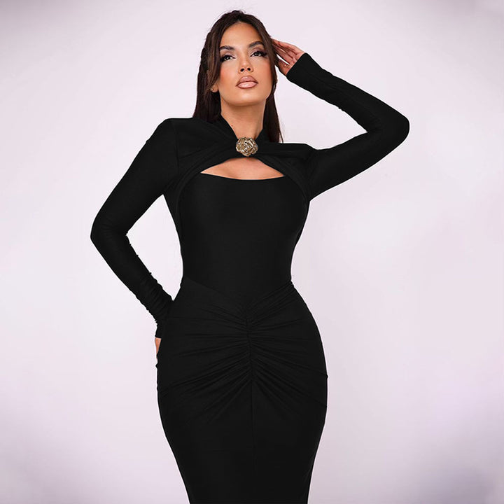 Damen Schulterfreies Kleid mit Raffungen und langem Arm Drune