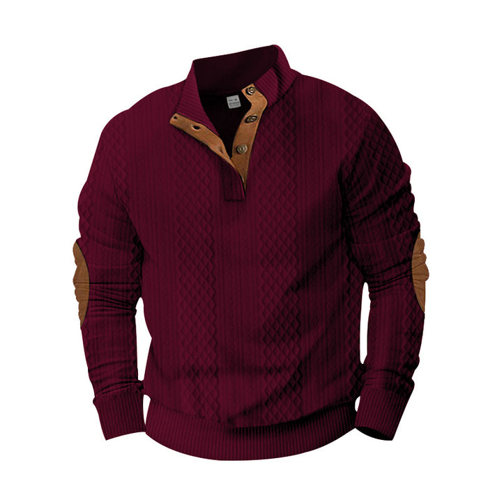 Herren nan strukturierter Henley-Pullover mit Stehkragen, Knopfleiste und Lederoptik-Ellbogenbesatz Drune