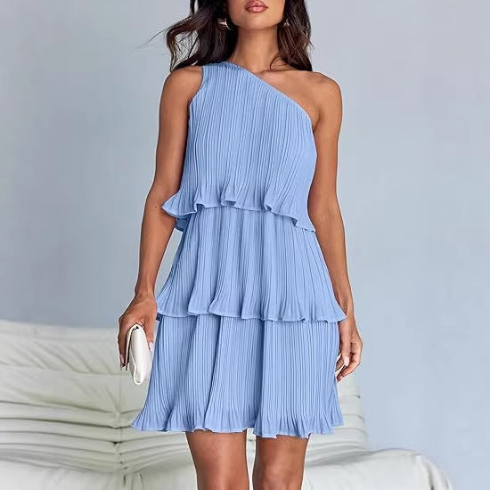 Damen Ärmelloses plissiertes Stufenkleid mit asymmetrischer Schulterpartie Drune