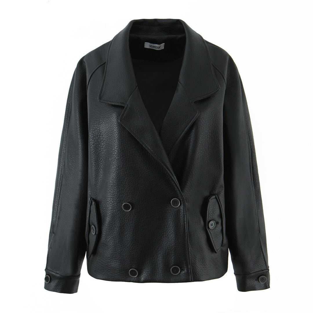 Damen modische Kunstlederjacke mit doppelter Knopfleiste und breitem Revers Drune