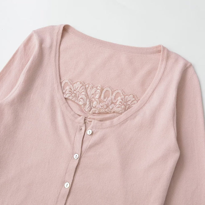 Damen Feinstrick-Cardigan mit Spitzen-Einsatz und durchgehender Knopfleiste Drune