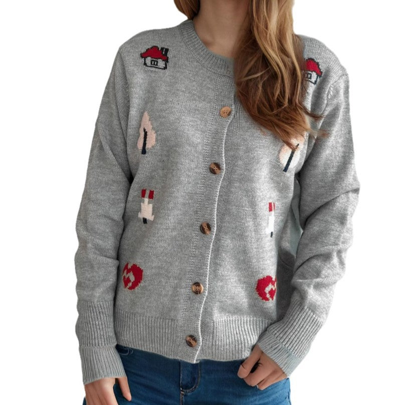 Damen Strickjacke mit bunten Applikationen und Knopfverschluss Drune
