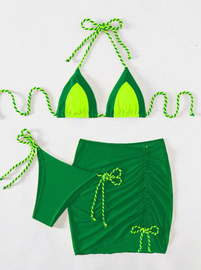 Damen Triangel-Bikini mit Wickelrock und Bänder Drune