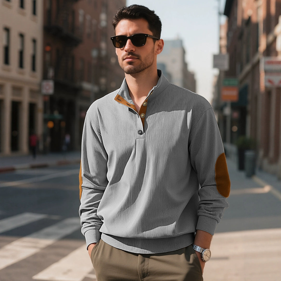Herren nan lässiger Strukturpullover mit Polokragen, kurzer Knopfleiste und veganen Lederbesätzen Drune