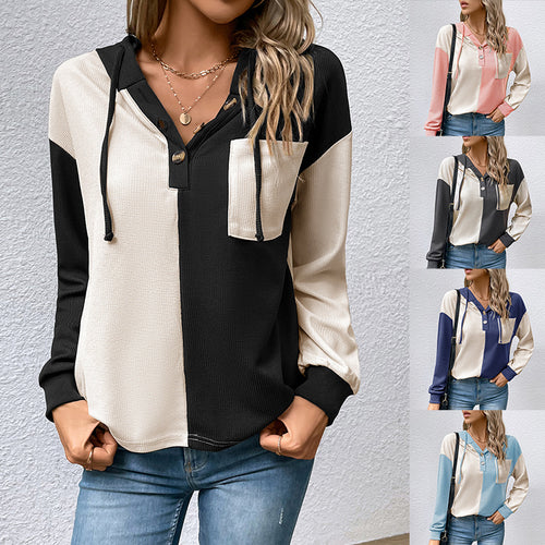 Damen Lässiges Colorblock-Hoodie-Henley mit Waffelstruktur und Brusttasche Drune