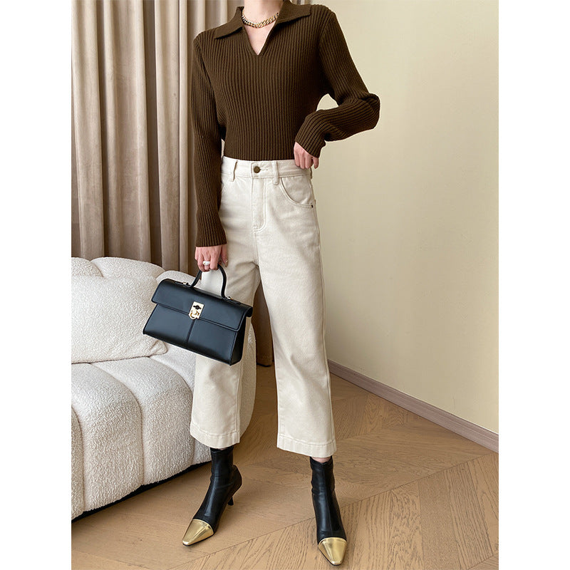 Damen Strickpullover mit modernem V-Ausschnitt und Rippenstruktur Drune