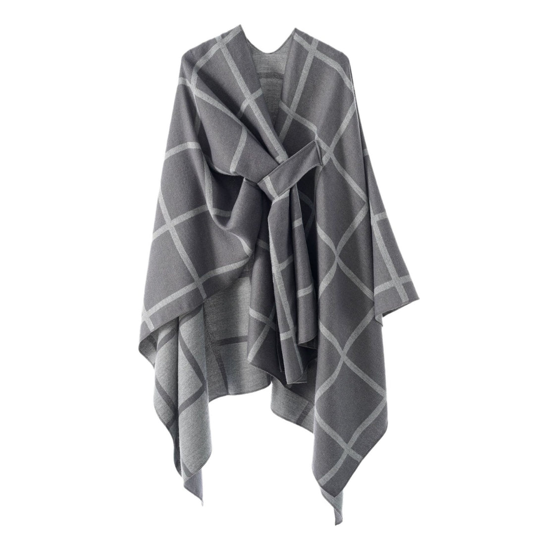 Damen Oversize Wollmix Poncho mit Gürtel und Karomuster Drune